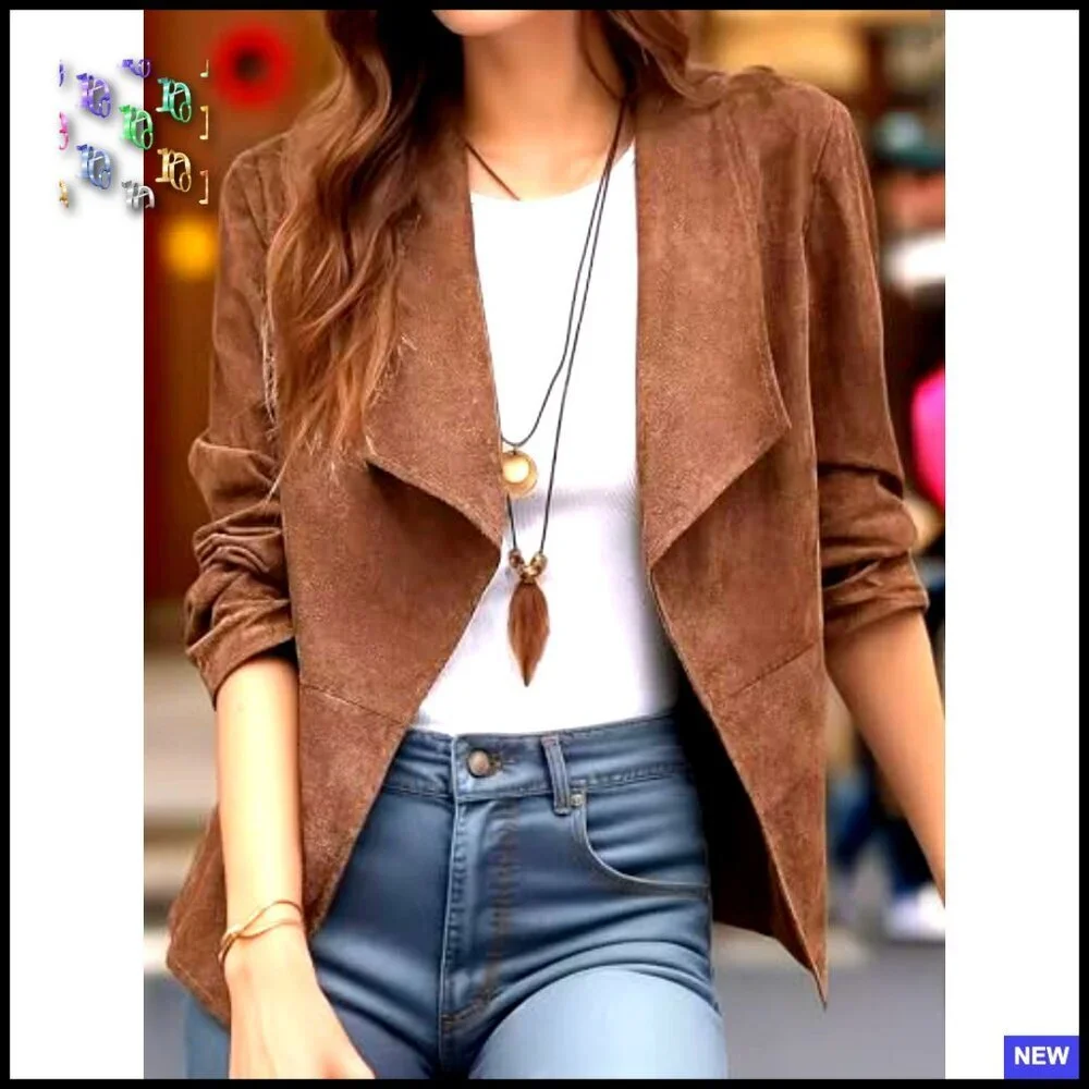 Faux Suede Blazer Cropped Jacket Lapel Collar Long Sleeve Vintage Elegant